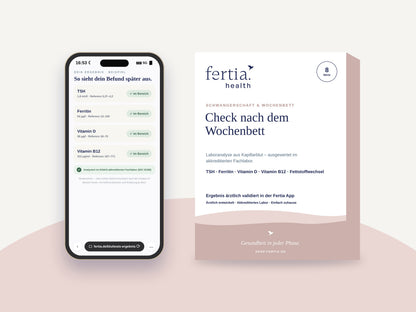 Testkit Check nach dem Wochenbett neben einem Smartphone mit den Ergebnissen in der Fertia App