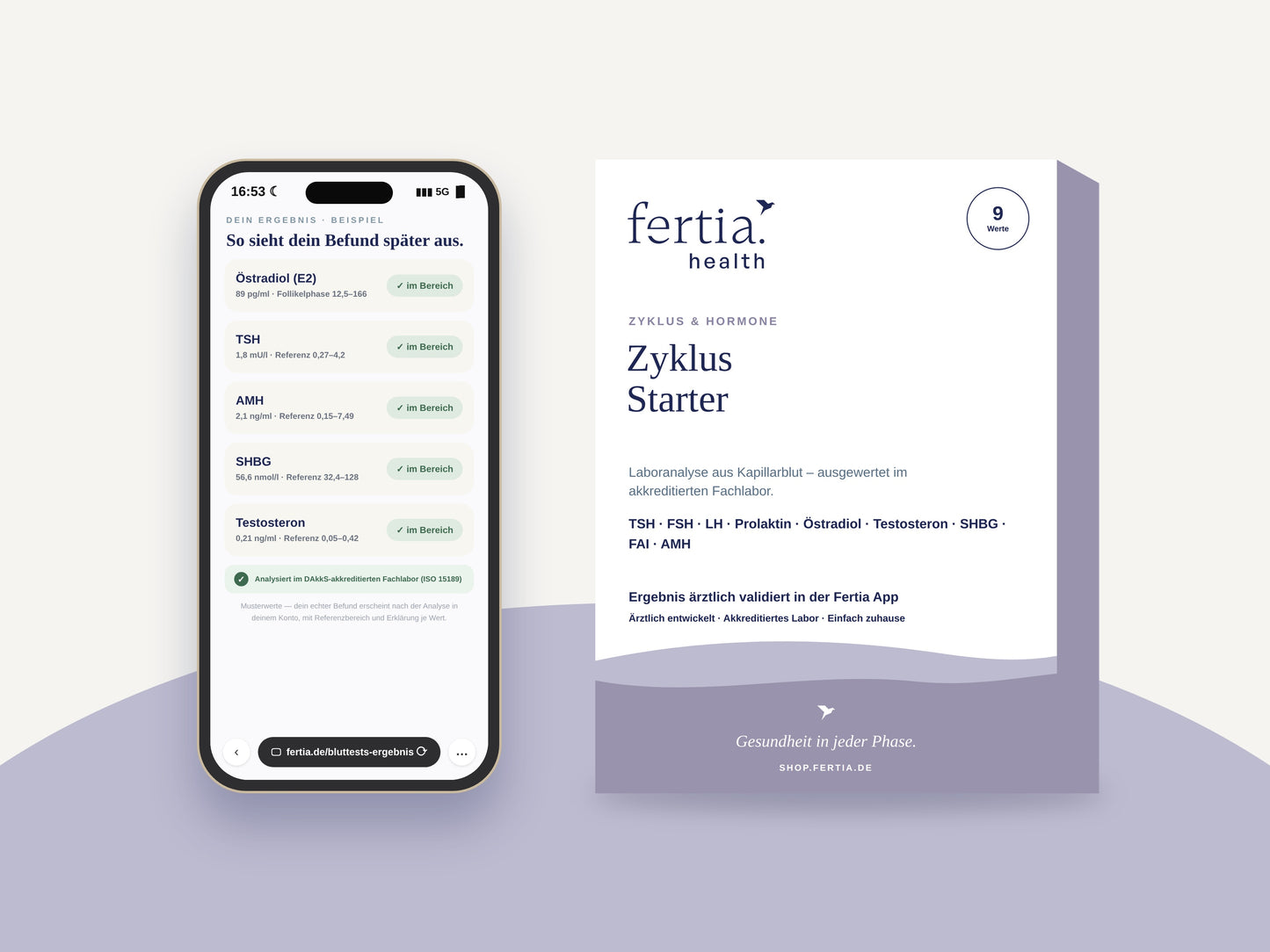Testkit Zyklus Starter neben einem Smartphone mit den Ergebnissen in der Fertia App