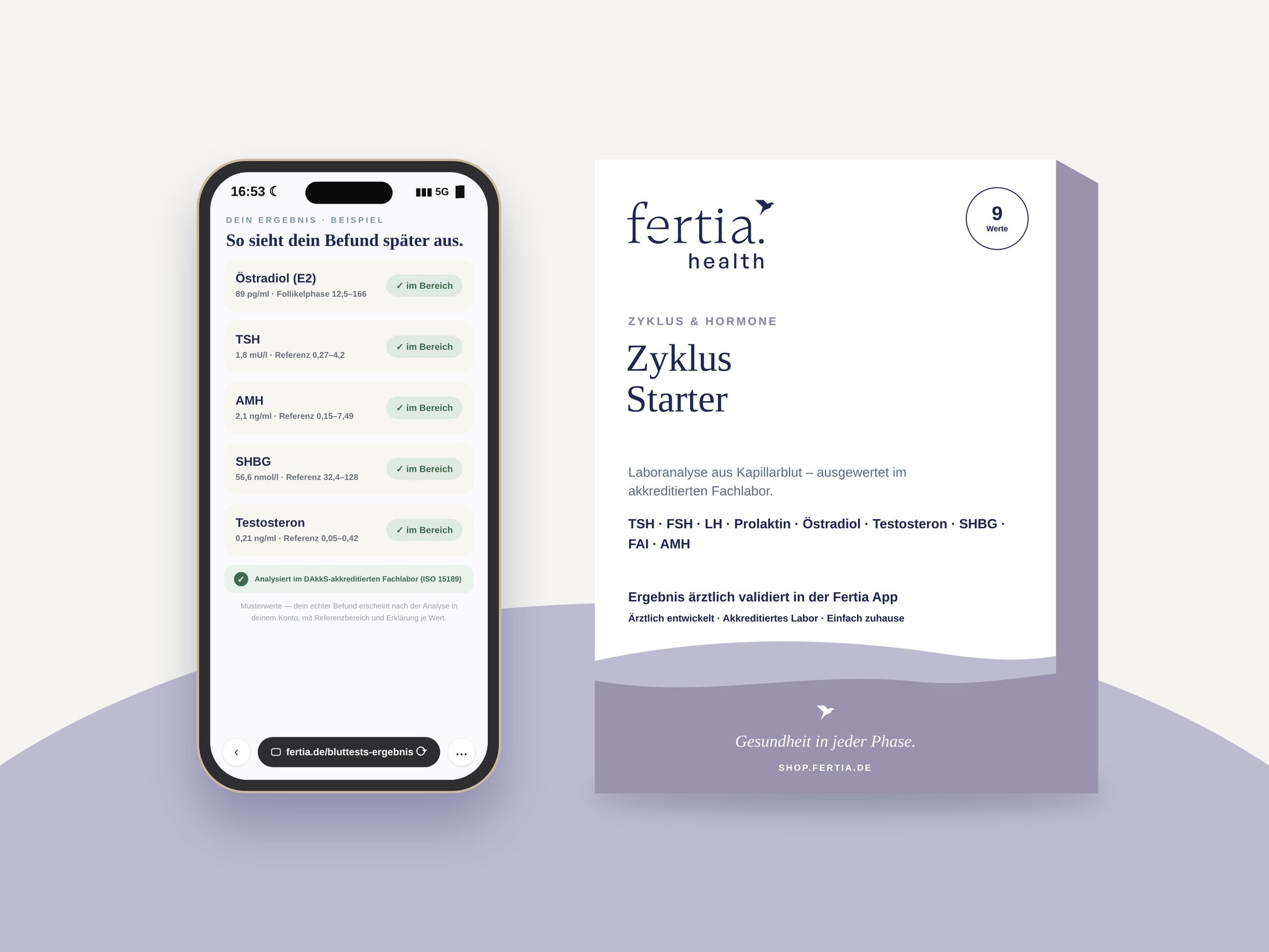 Testkit Zyklus Starter neben einem Smartphone mit den Ergebnissen in der Fertia App