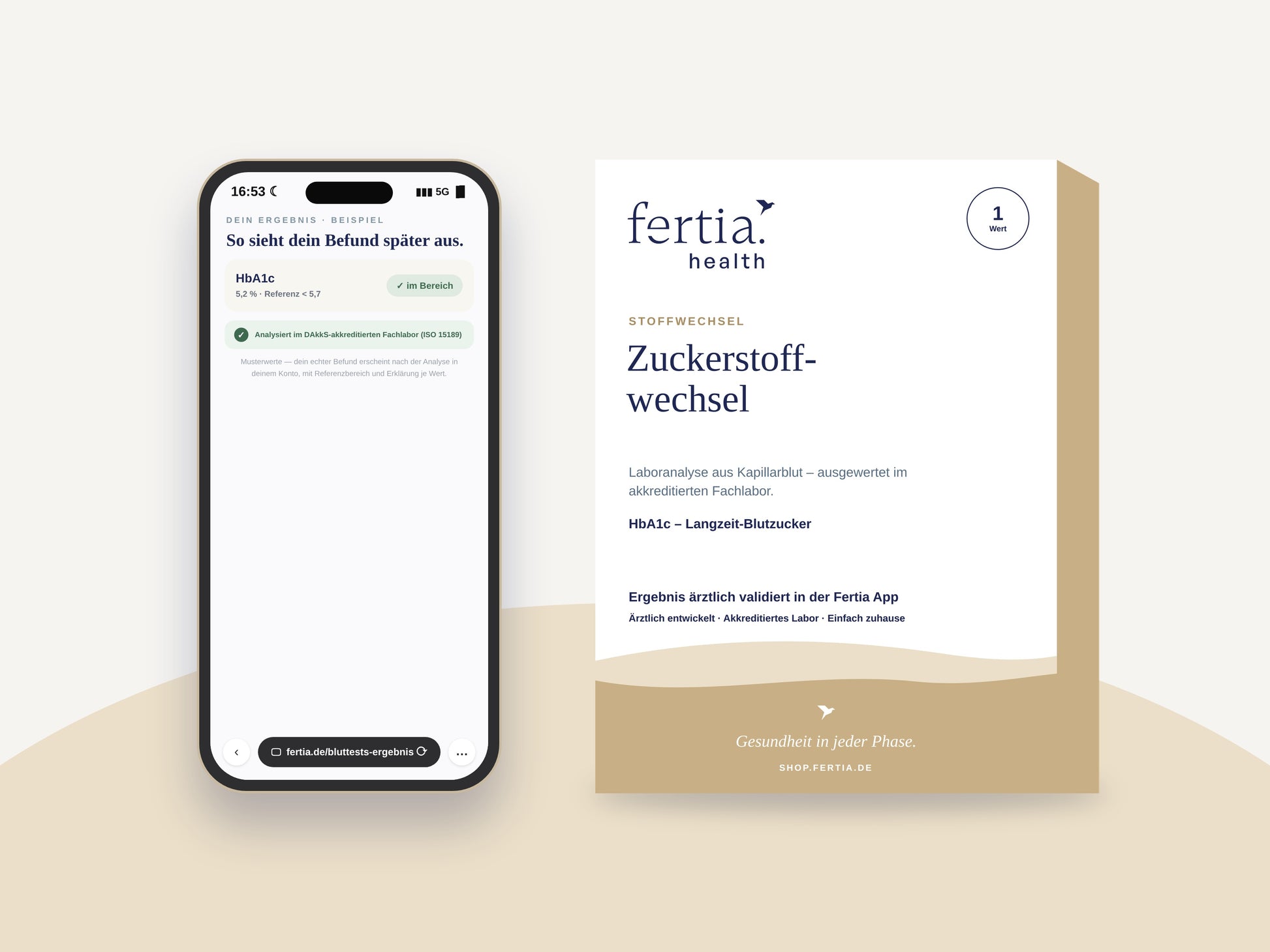 Testkit Zuckerstoffwechsel neben einem Smartphone mit den Ergebnissen in der Fertia App